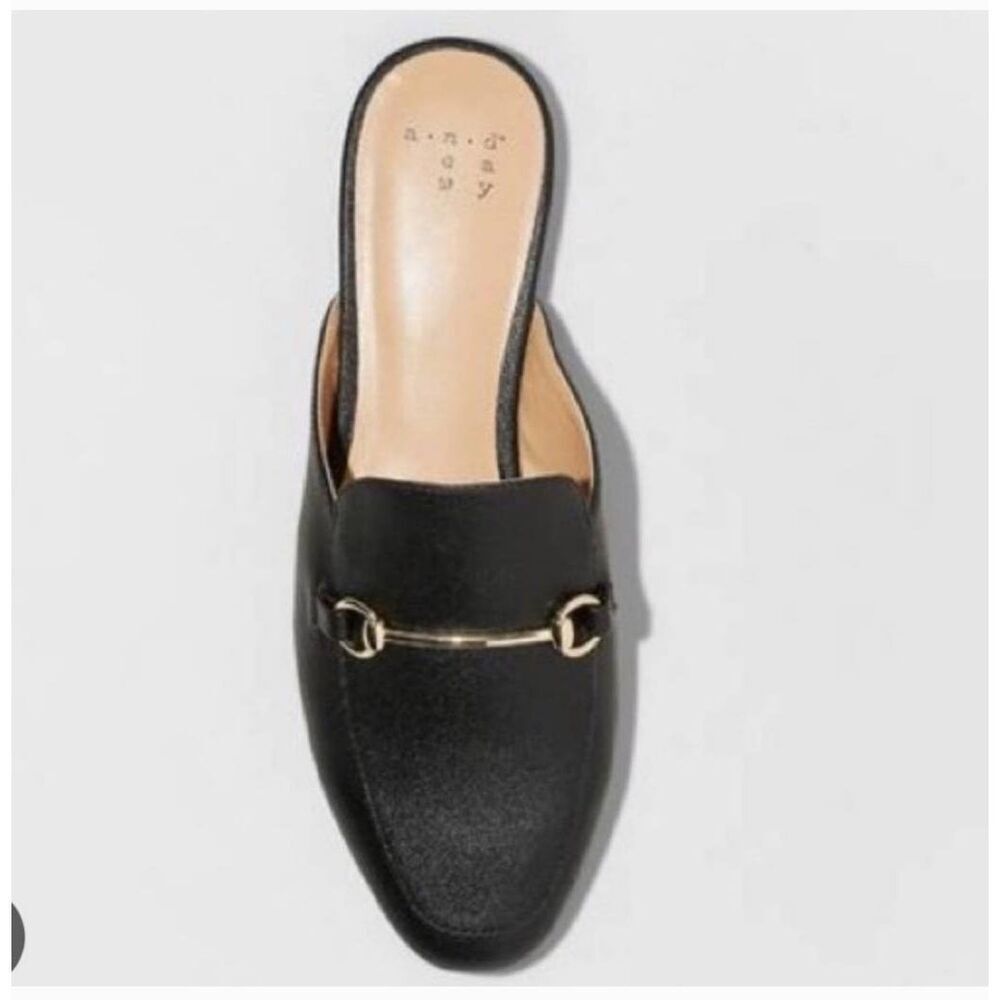 a new day Black Faux Leather Slide Mules w/GOLD accents Women's Size 9.5
